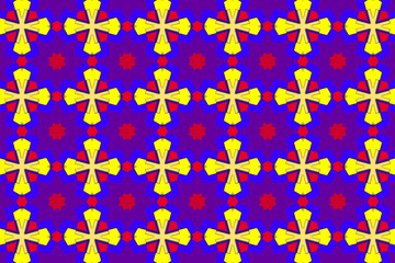 Colorful geometric pattern with vibrant stars and crosses on a blue background