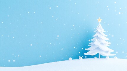 Serene Winter Wonderland with a Minimalist White Christmas Tree Against a Soft Blue Background Featuring Delicate Snowflakes and a Touch of Glittering Magic