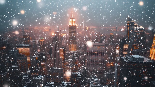Fototapeta Snowy Nighttime View of Illuminated Skyscrapers