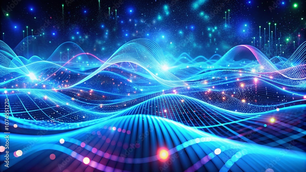 Poster surreal blue neon digital wave patterns illustrating data flow with glowing cyber elements in an abs