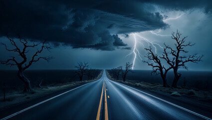 嵐の到来を予感させる暗い道が不安感を漂わせ、ドラマチックに描かれる風景。生成AI