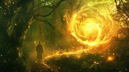 Amidst the darkness radiant particle swirls illuminate the path guiding travelers through the mystical forest.