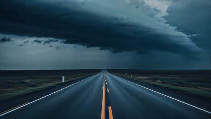 Fototapeta premium 嵐に向かって続く暗い道が、不安と孤独感を強調する風景として表現される。生成AI