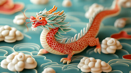 Fototapeta premium 3D Illustration of a Red and Green Dragon with Clouds on a Teal Background