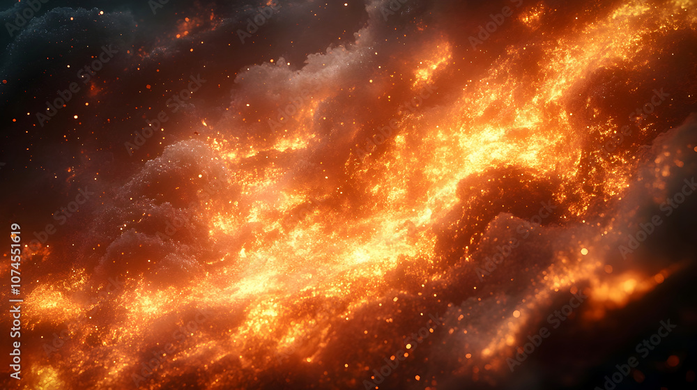 Poster dramatic and captivating image of a fiery cosmic explosion with intense flames,billowing smoke,and s