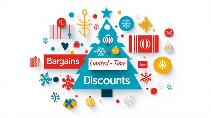 A Christmas tree with ornaments, surrounded by promotional banners with â€œBargainsâ€ and â€œLimited-Time Discountsâ€ written in festive fonts.