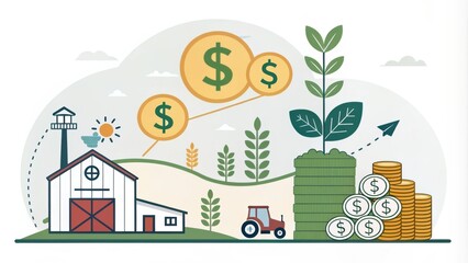 Obraz premium A Vibrant Illustration Depicting Agricultural Growth with Dollar Signs, Coins, and a Farm Scene Symbolizing Prosperity in Agriculture and Economic Development