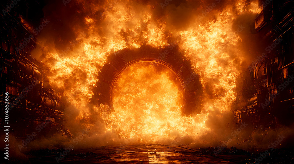 Poster dramatic and powerful fiery explosion with engulfing flames and intense inferno blazing through the 