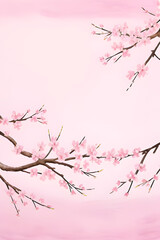 water color painting of Horizontal banner with sakura flowers of pink color on sunny backdrop. Beautiful nature spring background with a branch of blooming sakura. Sakura blossoming season in Japan