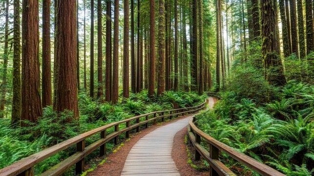 Serene forest pathway surrounded by tall trees.