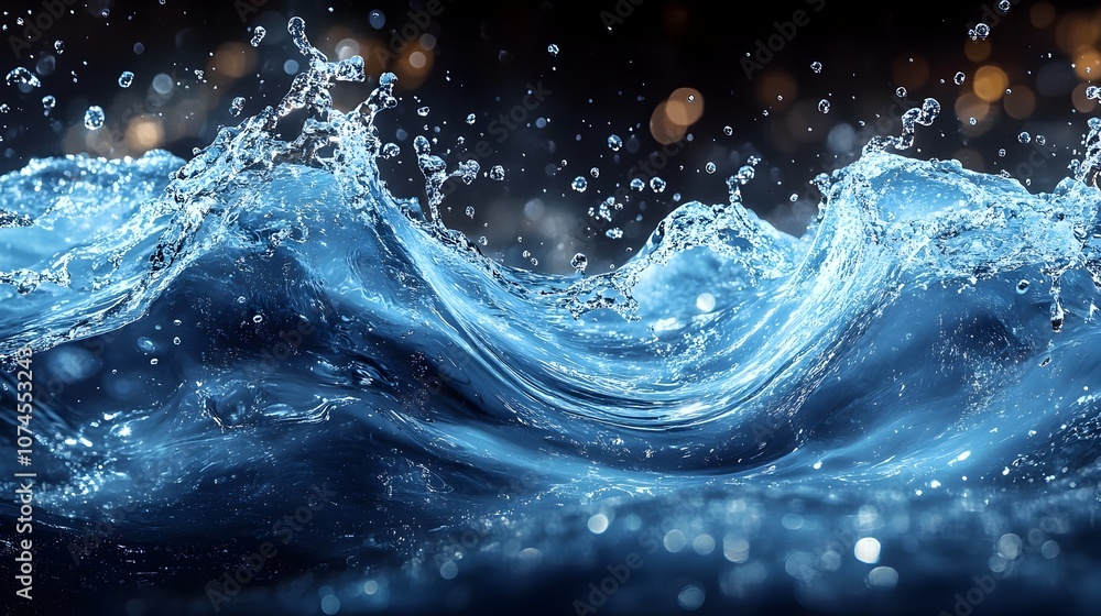 Poster dynamic and energetic blue water splash and motion with powerful liquid flow,creating a swirling,tra