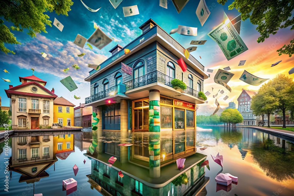 Poster surreal interpretation of a bank branch with floating currency and dreamlike architecture in a vibra