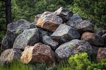 A natural rock formation surrounded by trees and foliage in a dense forest