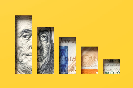 Us dollar decreasing value concept with bar graph on yellow background