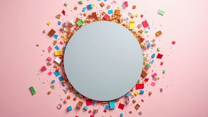 Vibrant image with light gray circle and confetti scene, circle-centered and confetti-lively