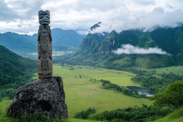 Majestic totem pole overlooking a serene valley, embodying cultural symbols and nature's beauty.