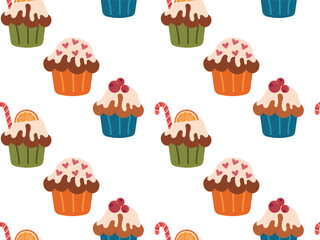 Winter seamless pattern with homemade Christmas cupcakes decorated with oranges and sugar cane