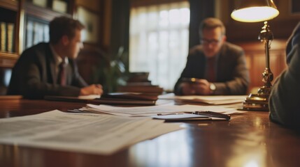 Experienced criminal defense attorney with client, detailed paperwork on table, cozy office,