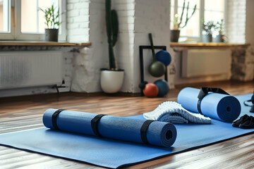 fitness mats and sports stuff on floor at home
