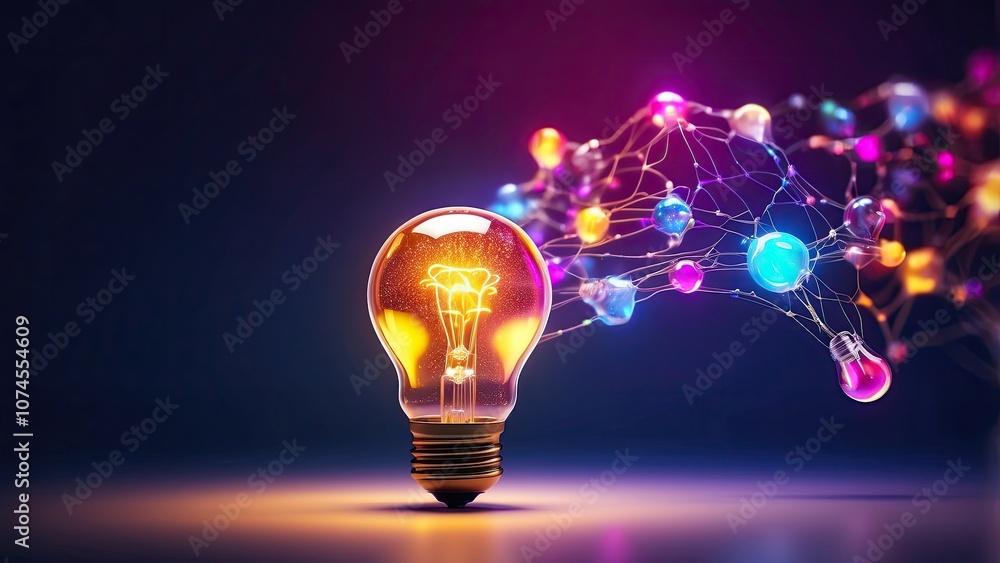 Poster an concept that glows with color bulb light banner, brainstorming visualization, creative thinking a