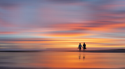 Couple holding hands and walking barefoot on the beach at sunset. Blurred soft background.
