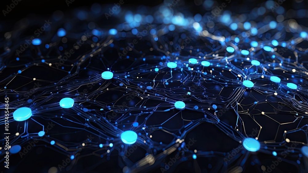 Poster an abstract background banner of a digital network circuit board featuring blue and black connecting