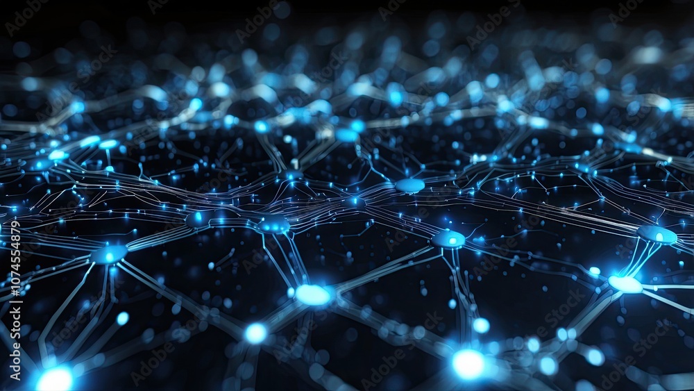 Poster an abstract background banner of a digital network circuit board featuring blue and black connecting