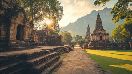 Naklejka premium Serene temple landscape at sunset.
