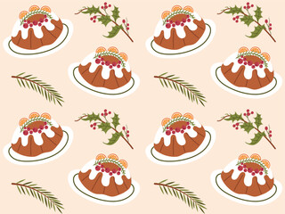 Seamless pattern with Cupcake decorated with icing and berries, Christmas baking