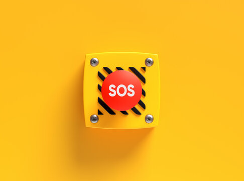 Big red emergency sos button on yellow background