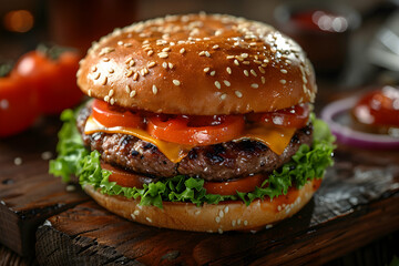 fresh tasty burger on wood table