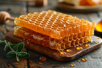 Yellow Honey and Honeycomb slice on a wooden table