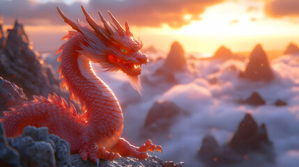 Fototapeta premium Red Dragon 3D Illustration on Mountaintop at Sunset