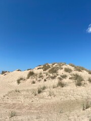 Finnish sandy dune with sparse grass under a clear blue sky, highlighting the minimalist beauty of Finland's coastal landscape. Ideal for themes of solitude, wilderness, and Nordic nature.


