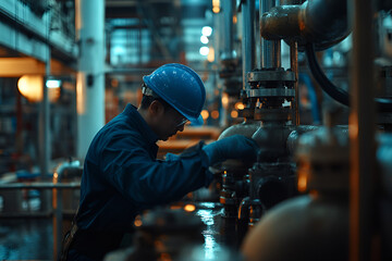 Obraz premium The chief engineer inspects and repairs industrial machinery for optimal performance