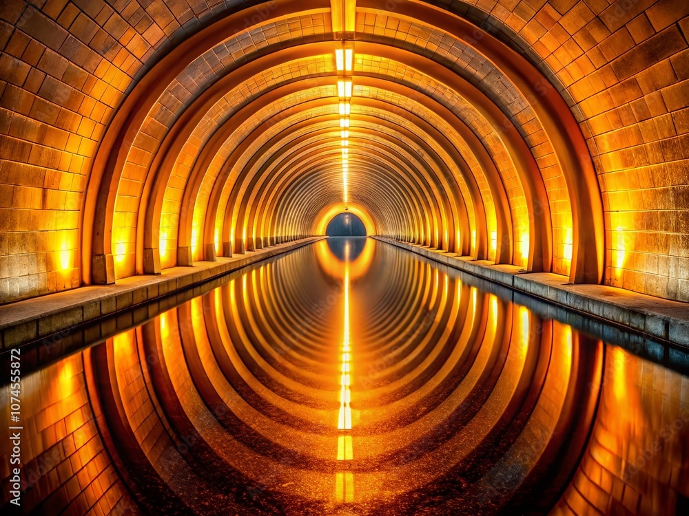 Poster symmetrical illuminated tunnel with warm orange glow and reflective water pathway leading to a brigh