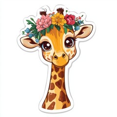 Cute Sticker of Giraffe with Flower Crown, Isolated on White Background, Perfect for Kawaii and Nature-Themed Designs