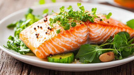 Sustainably Sourced Salmon Fillet on Green Vegetables with Microgreen Garnish, Promoting Eco-Friendly Choices

