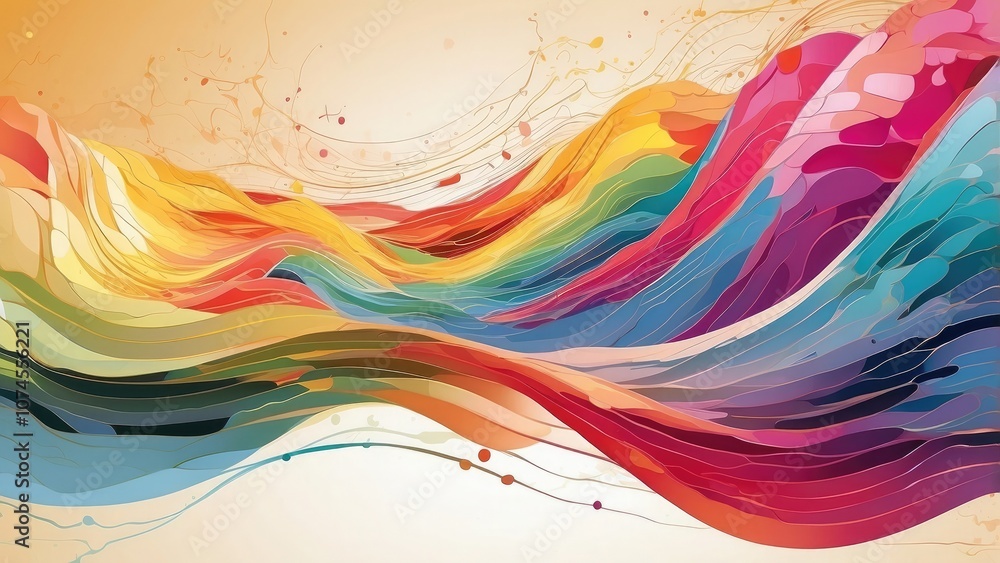Poster banner, abstract artwork of colorful waves intersecting technical schematics-