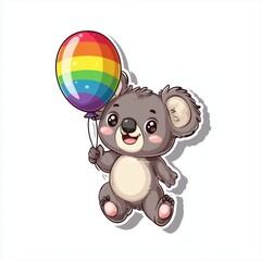 Naklejka premium Cute Sticker of Koala Holding Rainbow Balloon, Isolated on White Background, Perfect for Kawaii and Animal Celebration Themes