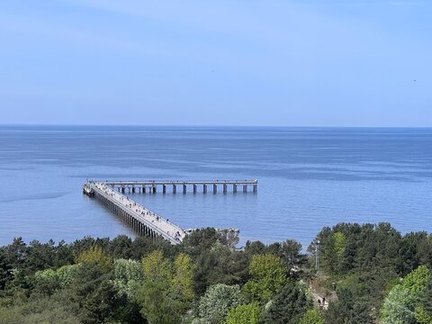 Aerial view of the beach and sea shore in Palanga, Lithuania. Beach town in Palanga.