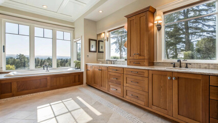 Spacious bathroom with warm wooden cabinetry and chrome fixtures, featuring a large window for natural light.