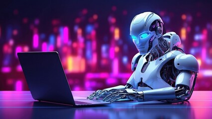 Neon lights and a laptop are used by an artificial intelligence robot in this future 3D illustration banner.-