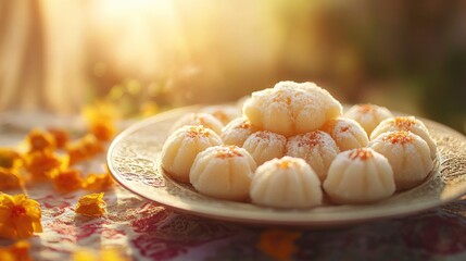 Close-up of a plate of sweet, golden pastries dusted with powdered sugar.  The background is a bokeh of golden sunlight and yellow flower petals.