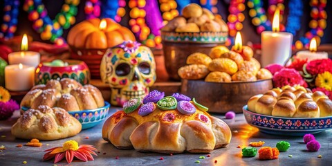 Fototapeta premium Tilt-Shift Photography of Pan de Muerto Bread with Sugar Skulls for Dia de los Muertos Celebration, Showcasing Tradition and Colorful Festivity in a Unique Perspective