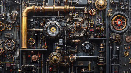 A detailed steampunk mechanics background showcasing intricate gears, brass pipes, and Victorian-inspired machinery set against a textured backdrop 