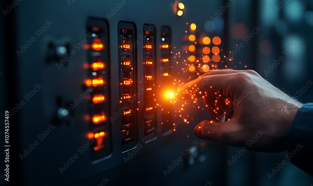 Leinwandbilder a hand reaches towards glowing control buttons, creating sparks, suggesting interaction with advance