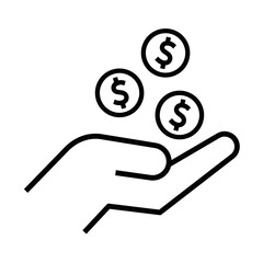 Hand holding dollar coins icon in outline style. Editable stroke.
