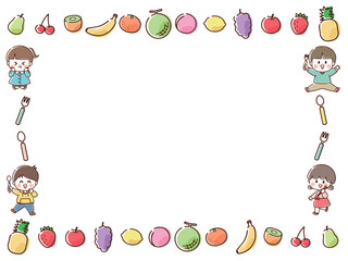 果物と子供の四角いフレーム_手描き