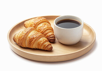 Two golden, flaky croissants served with a cup of black coffee on a minimalist wooden plate, set against a clean white background.